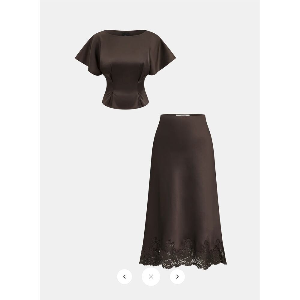NWT Commense Satin Cinched-Waist Top & Lace-Trim Skirt Set Sz M